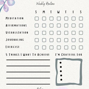May include: A printable Miracle Morning weekly routine planner with a watercolor floral design. The planner includes sections for meditation, affirmations, visualization, journaling, exercise, 5 things to achieve, and I'm grateful for.