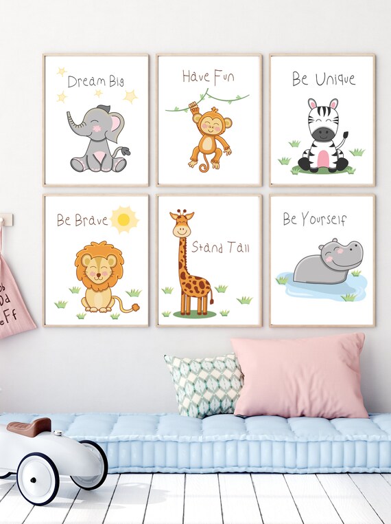 Watercolor Animals Nursery Wall Art Set - 6 Unframed 8x10 Inch Posters, Zebra Elephant Lion Giraffe Inspirational Decor