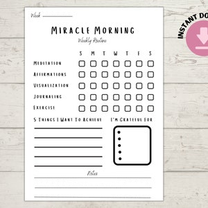 Miracle Mornings Routine, Miracle Mornings Planner, Morning Routine, Printable Weekly Tracker, Morning Routine Chart, Productivity Planner