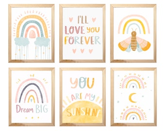 Boho Nursery Decor Neutral, Watercolor Sunshine and Rainbow Print, Rainbow Nursery Print, Playroom Decor prints for nursery quote, Baby gift