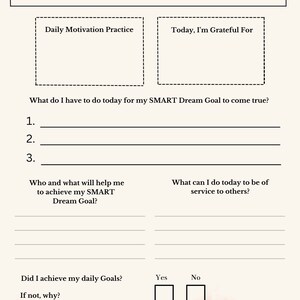 May include: A printable worksheet with a pink background and black text. The worksheet is titled "SMART Dream Goal" and includes sections for daily motivation practice, gratitude, and reflection on achieving goals.