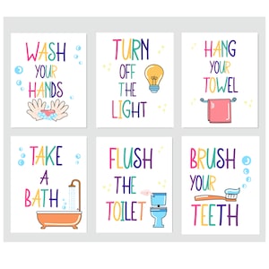 Bathroom Kids Wall Art Prints - Set of 6 (digital) Wall Art Decor Kids Bathroom Art Set, Bathroom Wall Prints,  Funny Quotes, Kids Bathroom