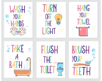 Bathroom Kids Wall Art Prints - Set of 6 (digital) Wall Art Decor Kids Bathroom Art Set, Bathroom Wall Prints,  Funny Quotes, Kids Bathroom