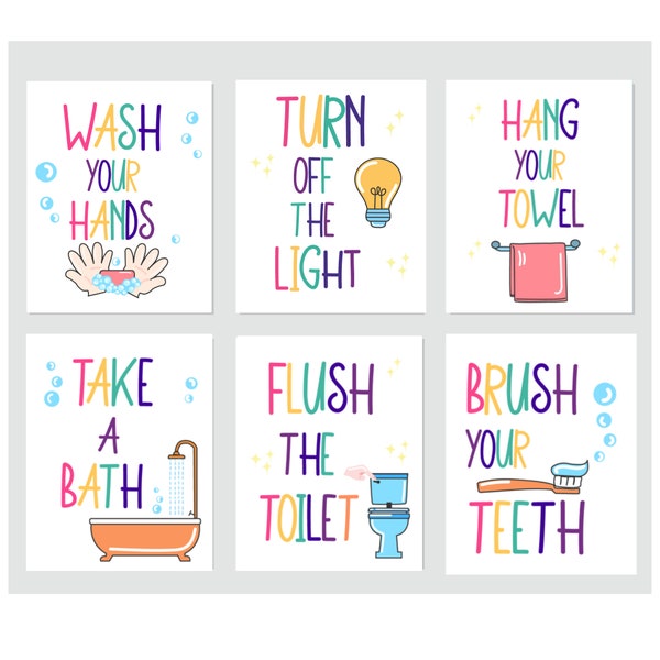 Bathroom Kids Wall Art Prints - Set of 6 (digital) Wall Art Decor Kids Bathroom Art Set, Bathroom Wall Prints,  Funny Quotes, Kids Bathroom