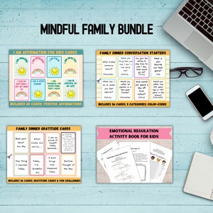 Mindful Family Bundle: Familiengesprächskarten für Kinder, Tägliche Affirmationen für Kinder, Dankbarkeitskarten, Selbstregulations- und Emotionstabelle