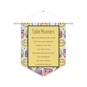 Table Manners Decoration, Kids Table Manners Etiquette, Kitchen Rules Quotes, Kitchen Rules Pennant,  Felt Banner, Meal Etiquette, Dinner