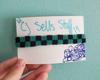 Green and Black Checkered Handmade Alpha String Friendship Bracelet - Demon Design