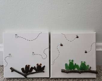 Frogs on a Log - Toads on a Log - Frog and Toad Sea Glass Art on Canvas - Sea Glass Art - Handmade