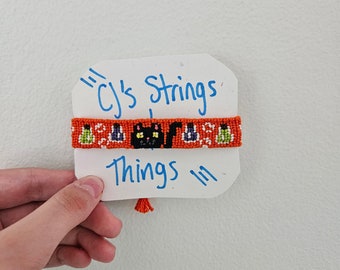 Black Cat and Potions Halloween Handmade Friendship Bracelet - Alpha Bracelet Pattern - Spooky and Halloweeny