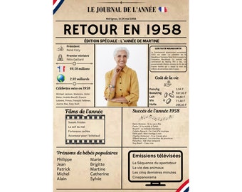 Retour en 1958 format numérique ou grande affiche A3 sans cadre personnalisée photo texte cadeau Carte anniversaire mariage noel 66 ans