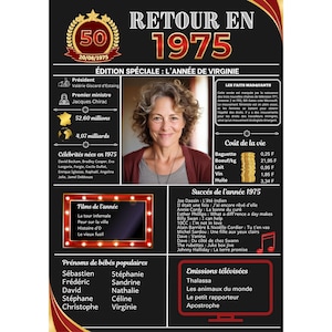 Affiche anniversaire 1975 personnalisable disponible pour les années 1924 à 2014 Format numérique ou physique cadre Idée cadeau 50 ANS