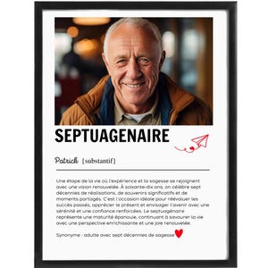 Affiche Définition "septuagenaire" Personnalisable – Avec Photo ou Texte (Prénom/Inscription) | Format Numérique ou Physique (A4/A3)