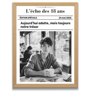 Affiche personnalisée texte photo couleur ou noir et blanc  "L'Écho des 18 ans" facon journal ou gazette – Format numérique fils fille