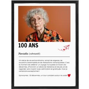Affiche Définition "100 Ans" Personnalisable – Avec Photo ou Texte (Prénom/Inscription) | Format Numérique ou Physique (A4/A3)