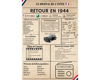 Retour en 1944 Format numérique ou grande Affiche A3 sans cadre  cadeau Carte anniversaire mariage rencontre amoureux mariage noel un 80 ans