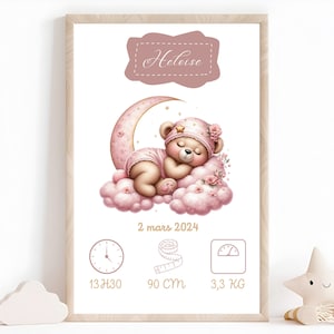 Póster de pared para habitación de niños, decoración de bebé, póster de nacimiento de bebé, nombre de familia personalizado, fecha, peso, altura y hora