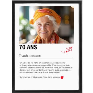 Personalizowany plakat z definicją „70 lat” – ze zdjęciem lub tekstem (imię/napis) | Format cyfrowy lub fizyczny (A4/A3)