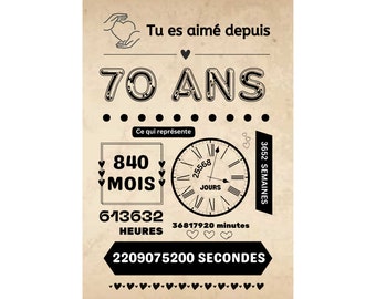 Affiche 70 ANS Format numérique ou affiche A3 grande taille sans cadre personnalisée Idée cadeau Carte anniversaire mariage personnalisée