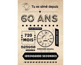 Affiche 60 ANS Format numérique ou affiche A3 grande taille sans cadre personnalisée Idée cadeau Carte anniversaire mariage personnalisée