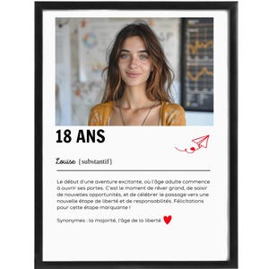 Affiche Définition "18 Ans" Personnalisable – Avec Photo ou Texte (Prénom/Inscription) | Format Numérique ou Physique (A4/A3)