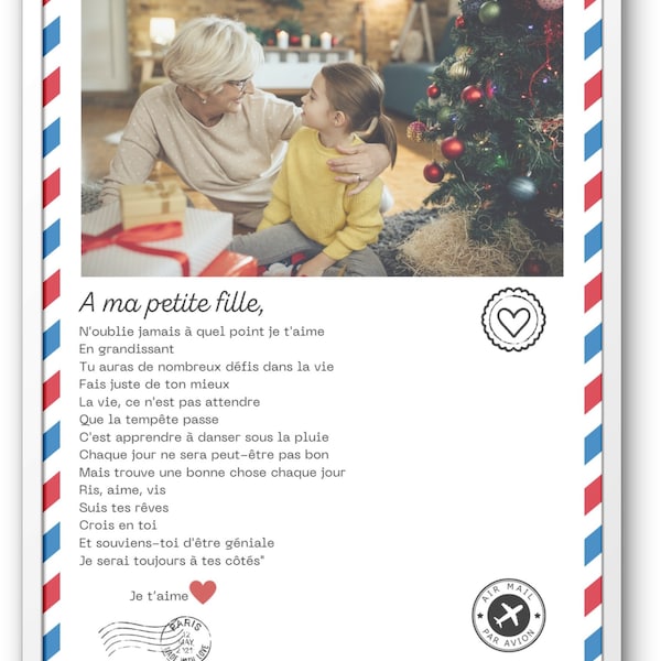 Affiche petite fille lettre format numérique ou grande affiche A3 sans cadre papi fils personnalisée photo cadeau anniversaire mariage noel