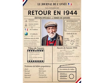 Retour en 1944 Format numérique ou grande Affiche A3 sans cadre personnalisée photo texte  cadeau Carte anniversaire mariage noel un 80 ans