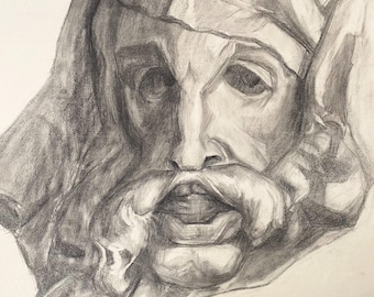 Antique Drawing French Still Life Man with Hat and Beard