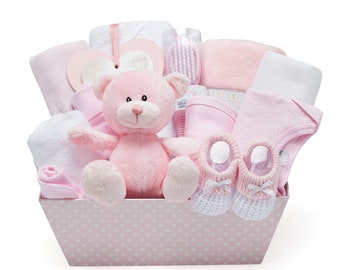 Adorable Baby Girl Pink Gift Hamper: Fleece Wrap, Hooded Towel, Baby Clothes, 2 Muslin Cloths, and Cute Teddy - Perfect for Newborns!