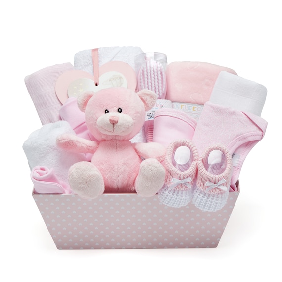 Adorable cesta de regalo rosa para bebé niña: envoltura de forro