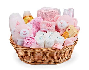 Baby Hamper Basket Girl - with Baby Clothes, Newborn Essentials, Baby Blanket, Pink Comforter and Soft Toy Rattle