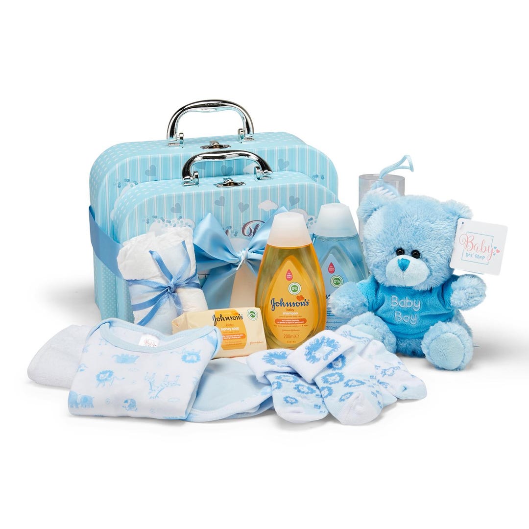 Baby Boy Gift Hamper - Hand Packed Set of 2 Blue Keepsake Boxes, Teddy ...