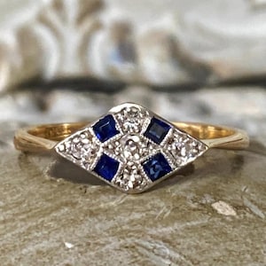 Anello edoardiano in oro 18 carati con zaffiri e diamanti