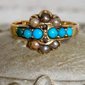 Antique (1874) Victorian Turquoise and Diamond 15K Gold Ring