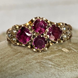 1882 Victorian Antique Garnet and Seed Pearls 9kt Gold Ring