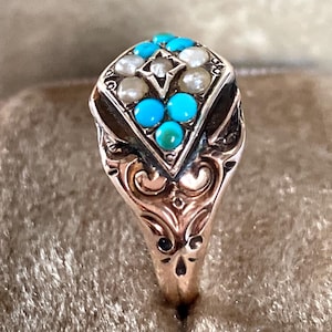 Antique (1887) Victorian Turquoise and Seed Pearl 9K Gold Ring