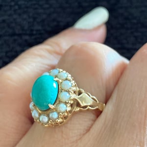 Cabochon Turquoise and Seed Pearl Vintage 9K Gold Ring