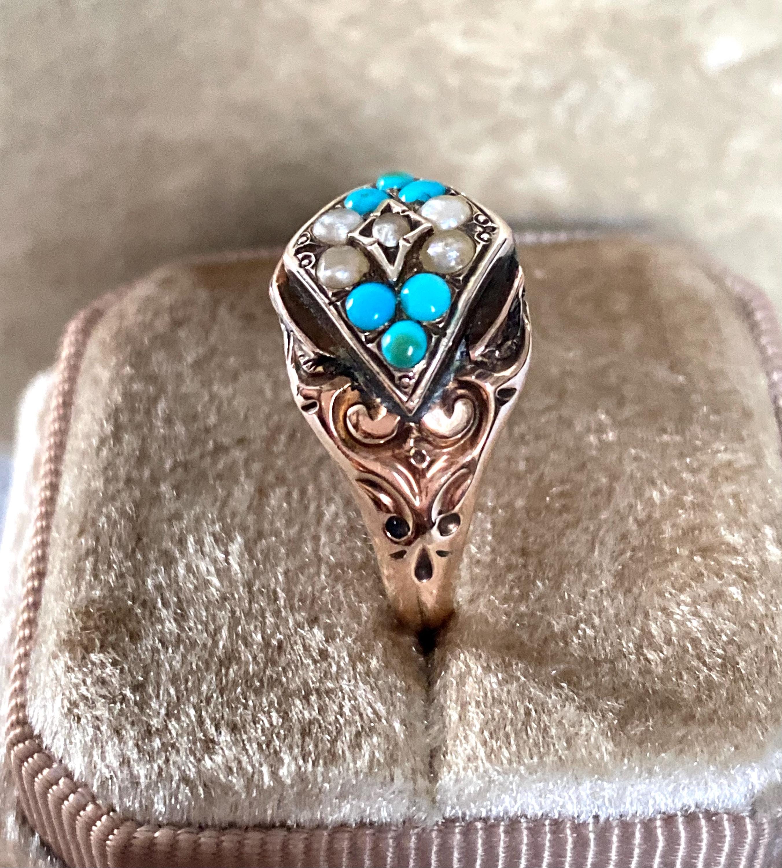 アンティーク（1887年）ビクトリア朝のターコイズとシードパールの9K