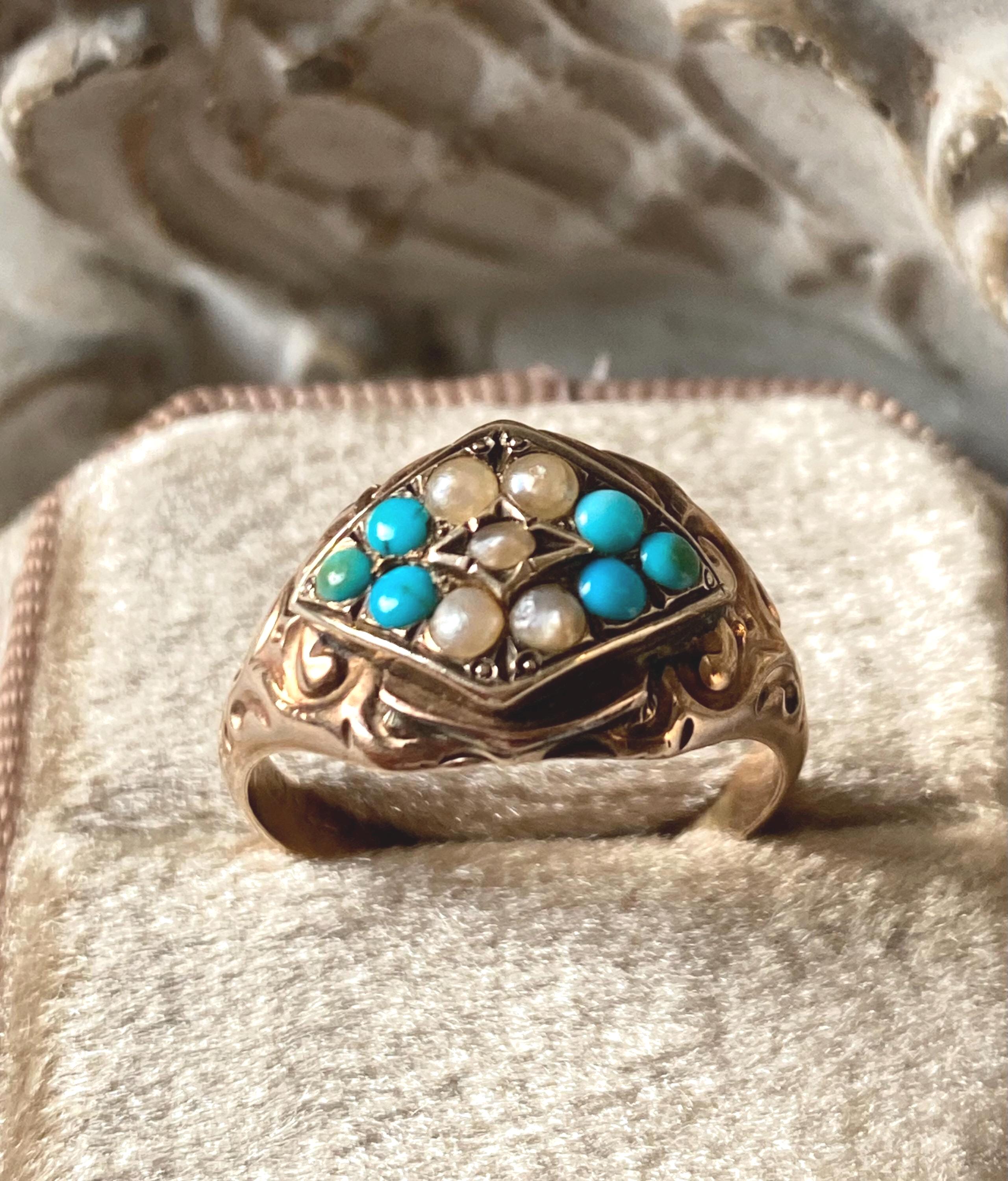 アンティーク（1887年）ビクトリア朝のターコイズとシードパールの9K