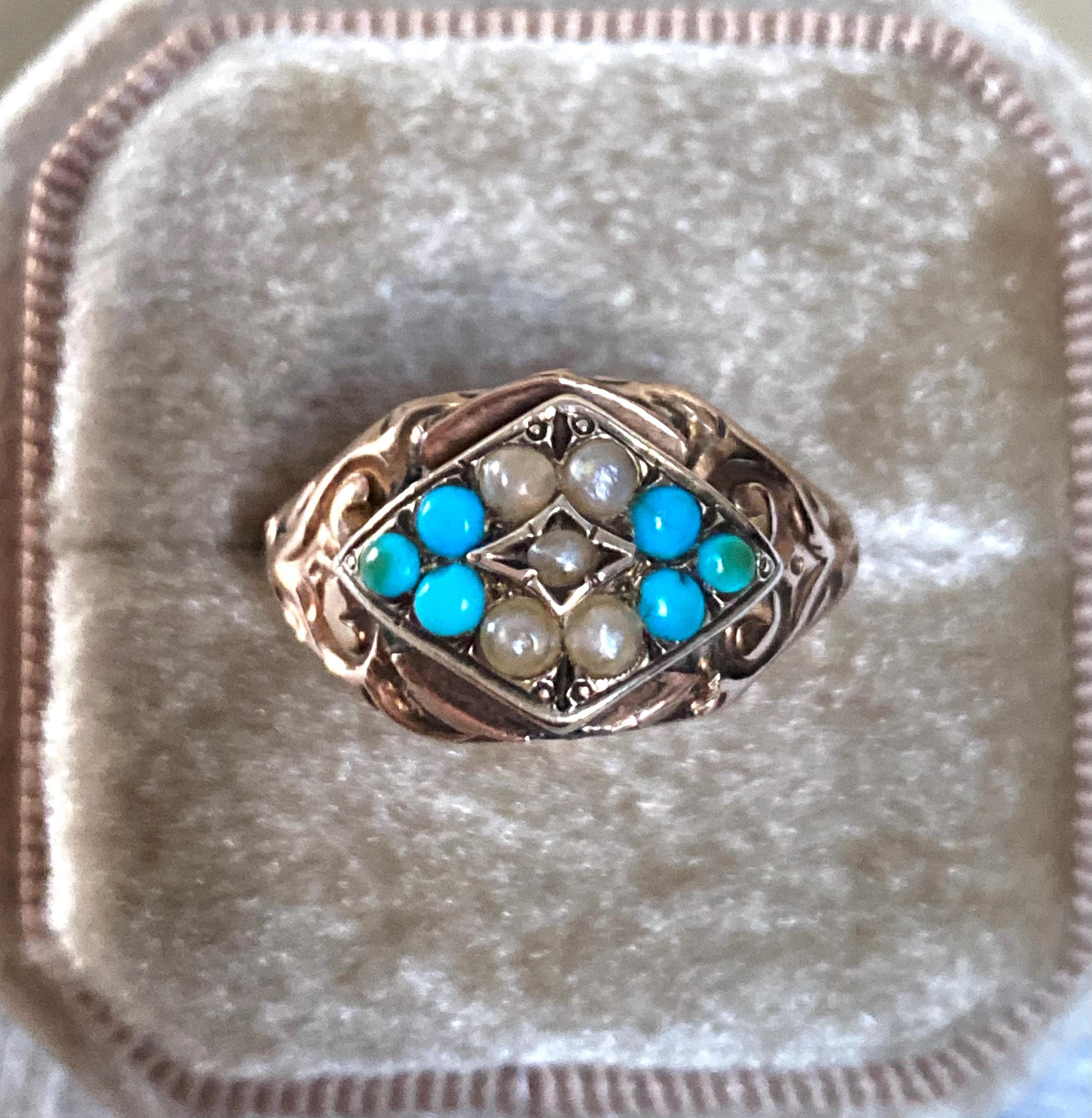 アンティーク（1887年）ビクトリア朝のターコイズとシードパールの9K