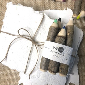 Set of Wooden Crayons & Plantable Paper - Set of 5 Real Wood Crayons and 10 Sheets Recycled Seed Paper