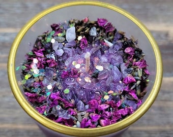 Meditation Candle | French Lavender | Amethyst | Herbs | Crystals | Yoga | Focus | Crown Chakra Balance | Intention Setting | Spring Wish |