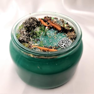 May include: A green glass jar candle with a silver tree of life charm, cinnamon sticks, and green and gold glitter.