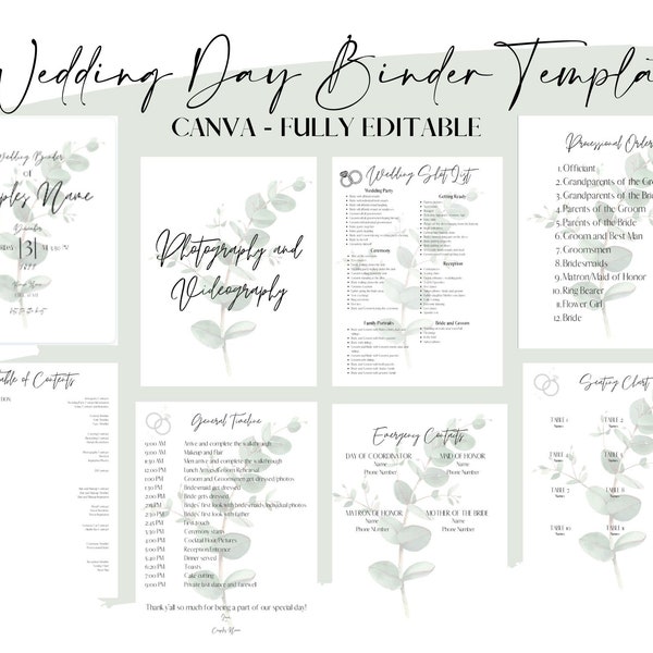 Wedding Day Binder Template, Wedding Binder, Day of Coordinator Binder, Greenery Theme, Greenery Wedding, Wedding Planning, Wedding Planner