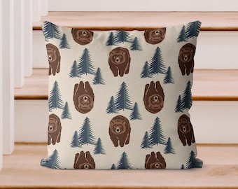 Bear Pillow Cover | Size 18x18 | Cabin-Lodge Home Decor | Animal Pattern | Neutral Colors | Mountain Lodge Camp | Lake House Decor