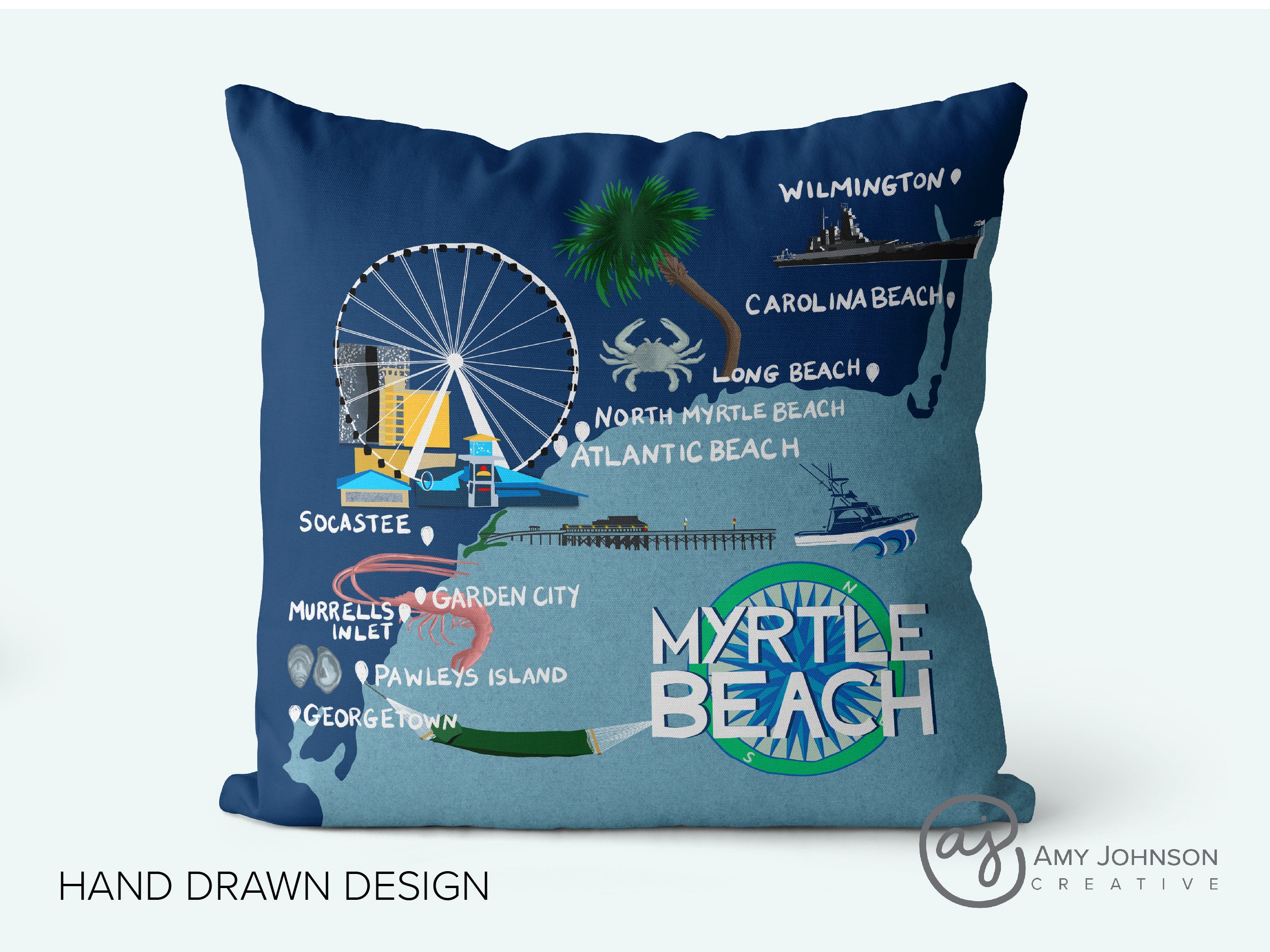 Myrtle Beach SC Coastal Map Illustration 18x18 Pillow Cover South ...