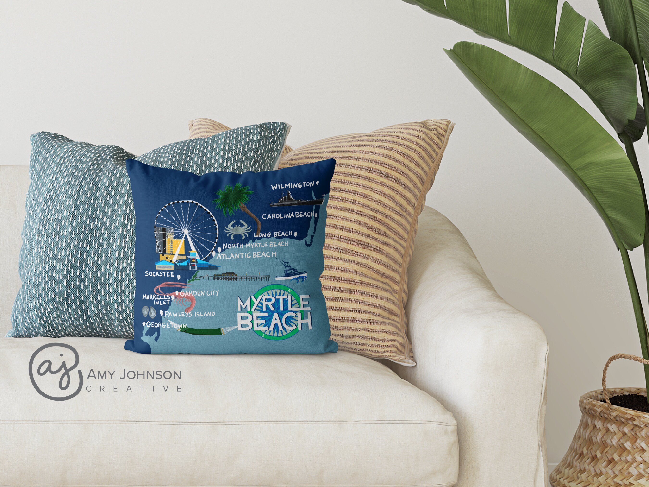 Myrtle Beach SC Coastal Map Illustration 18x18 Pillow Cover South ...