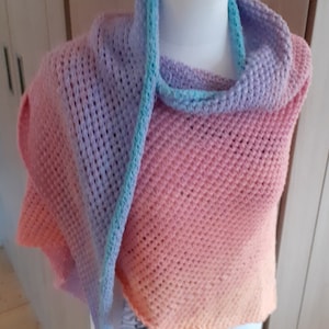 great self-knitted triangular scarf in colorful with gradient blue, pink, orange, 210 cm X 80 cm made of cotton