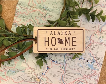 Alaska Luggage Tag Laser Cut File | Glowforge Ready | Commercial Use Digital Download | HOME License Plate SVG | Flag Backpack Tie On