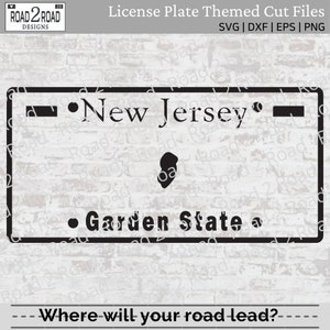 Könnte beinhalten: Schwarzweißgrafik eines Nummernschilds aus New Jersey mit dem Text "New Jersey" und "Garden State".