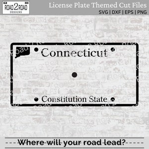 Könnte beinhalten: Schwarzweißes digitales Download eines Connecticut-Kennzeichen-Designs. Das Kennzeichen zeigt den Staatsnamen "Connecticut" und den Text "Constitution State".